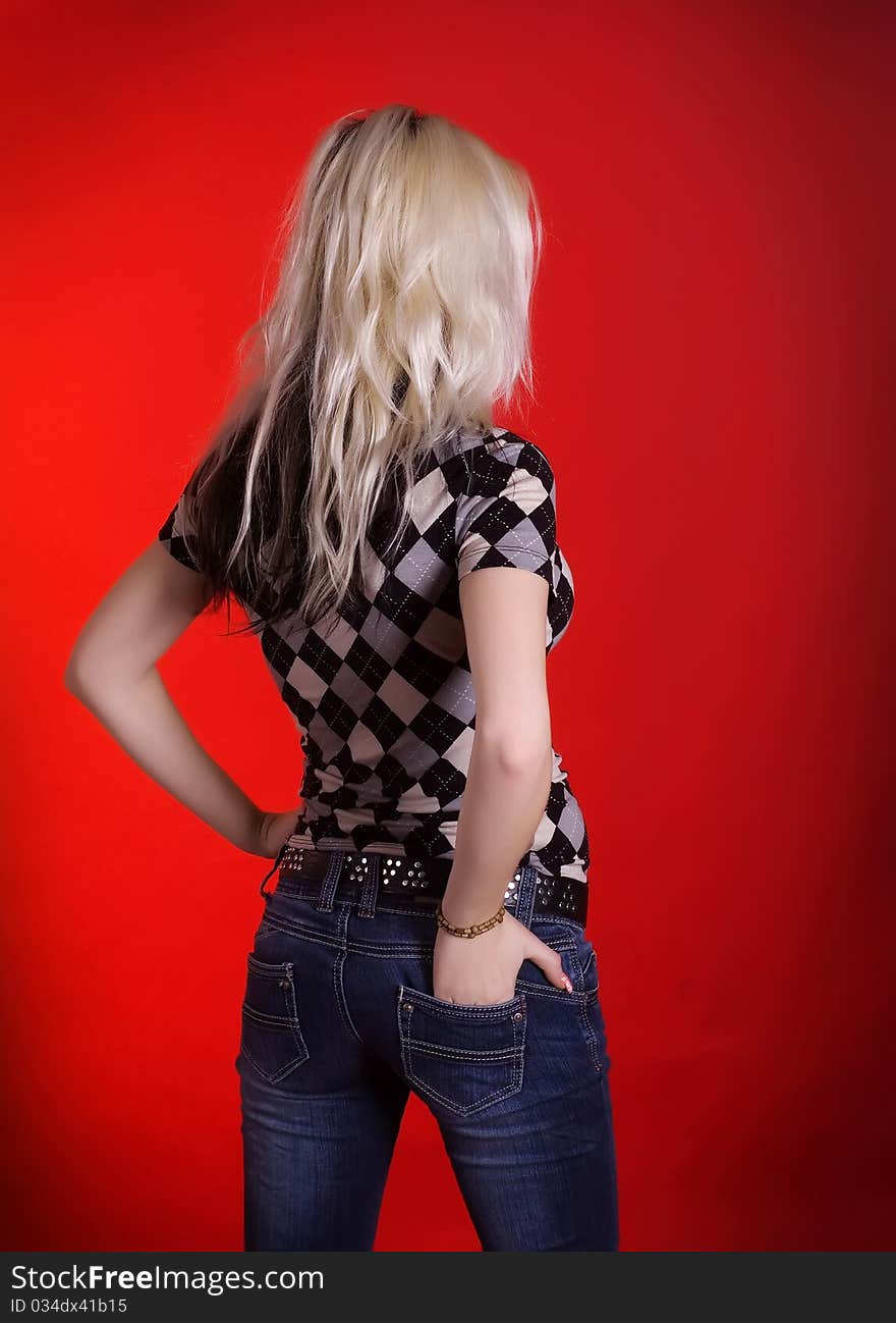 Blonde on a red background