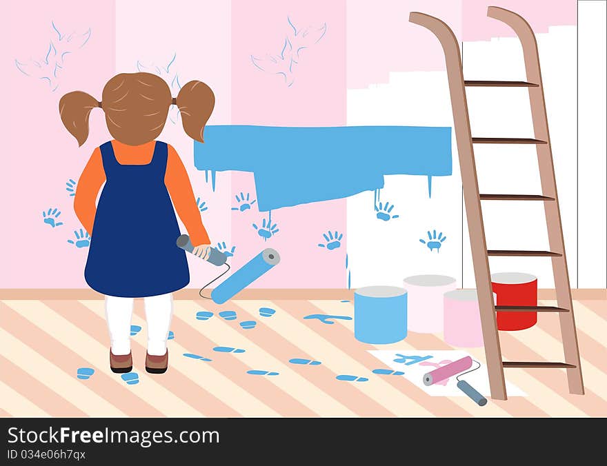 Little girl painting the walls, while the adults left the room. Little girl painting the walls, while the adults left the room