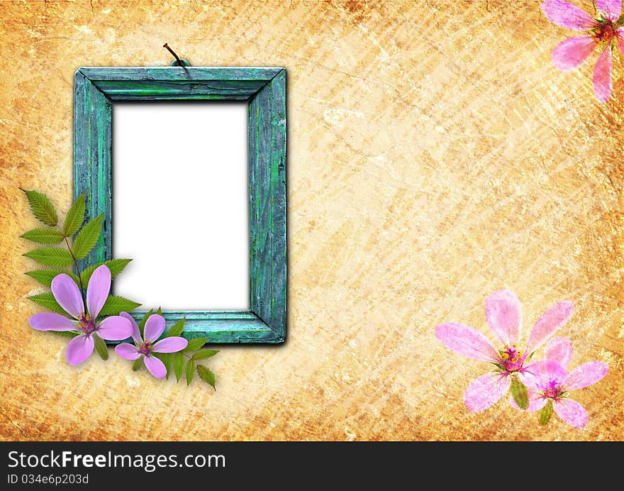 Old wooden frame nailed to the wall with lilac flowers