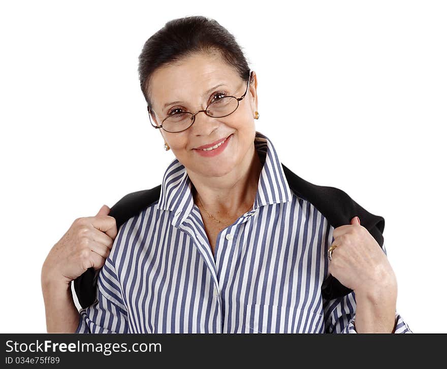 Portrait of a brunette woman wearing a pair of dark rimmed eyeglasses with a great smile on her face. Portrait of a brunette woman wearing a pair of dark rimmed eyeglasses with a great smile on her face