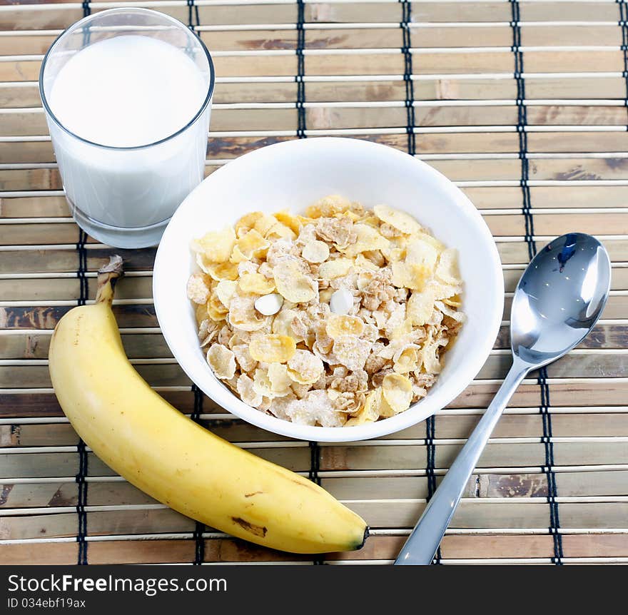 Cereal In Bowl With Milk And Banana