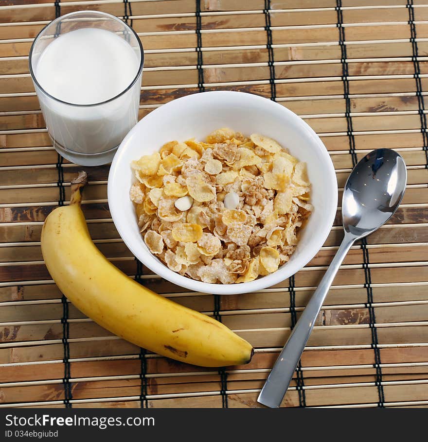 Cereal In Bowl With Milk And Banana