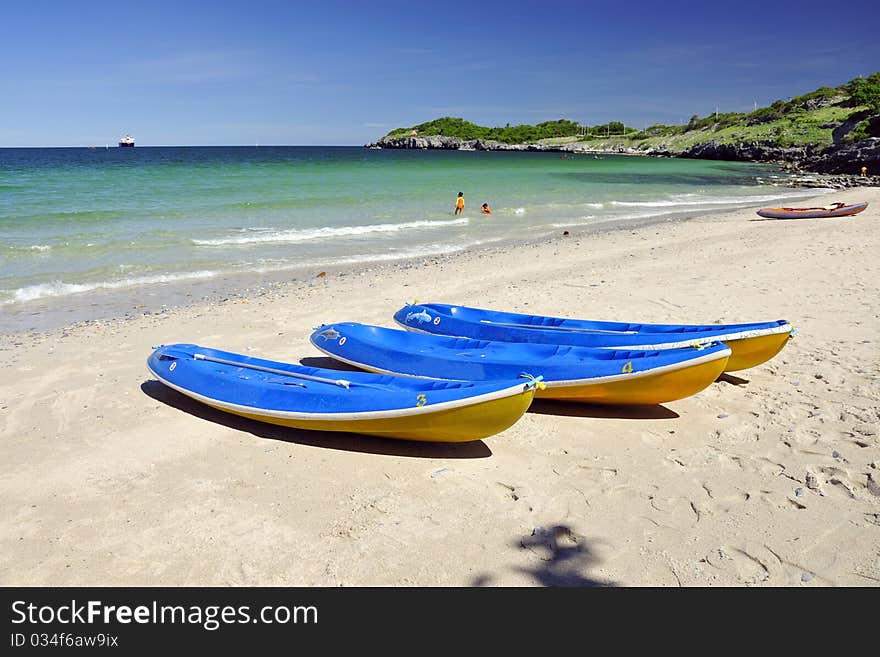 Kayaks on a beach