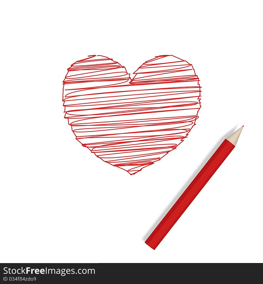 Thick red pencil lies on a sheet of paper. Next picture of the heart. Thick red pencil lies on a sheet of paper. Next picture of the heart