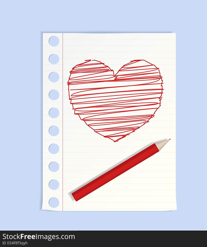 Thick red pencil lies on a sheet of paper. Next picture of the heart. Thick red pencil lies on a sheet of paper. Next picture of the heart