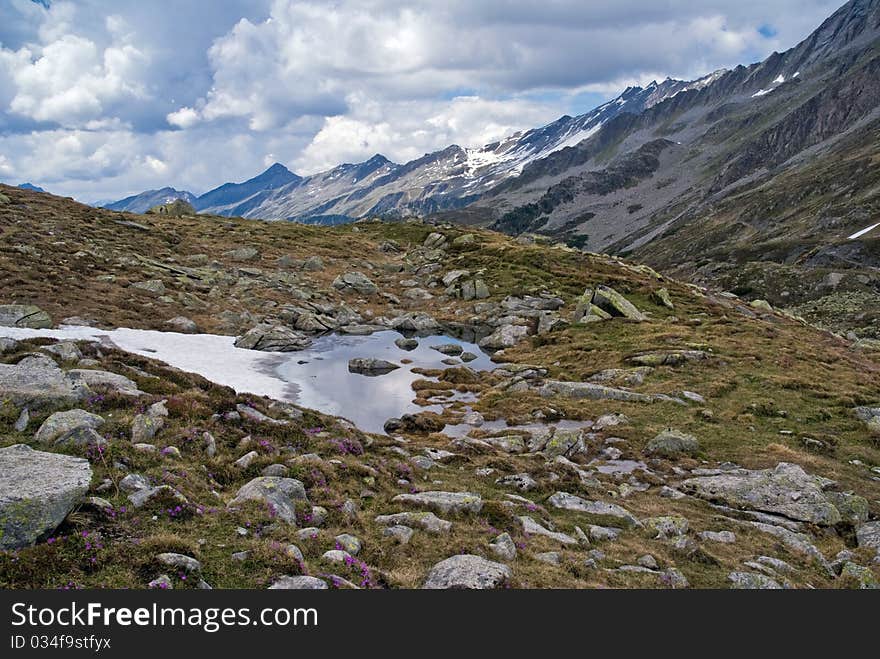 Landscape at the alps, pass Pfitscher Joch, mountains, Zillertaler alps, Austria. Landscape at the alps, pass Pfitscher Joch, mountains, Zillertaler alps, Austria