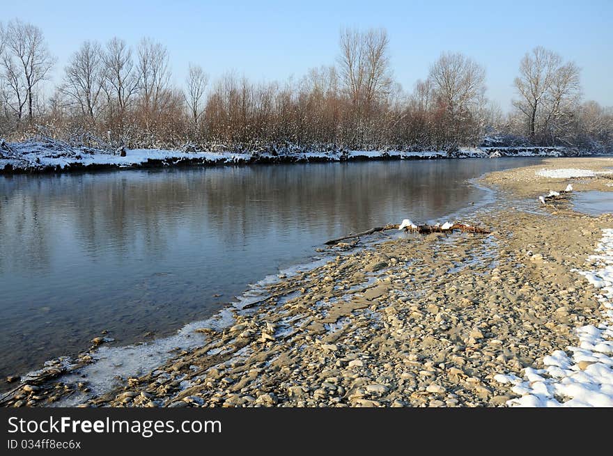 Cold river in winter sunny day