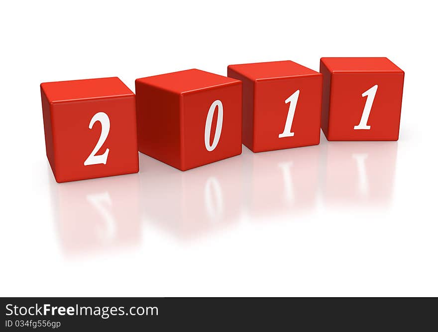 The Year 2011 depicted with red dice or cubes in a horizontal line on a white background. The Year 2011 depicted with red dice or cubes in a horizontal line on a white background