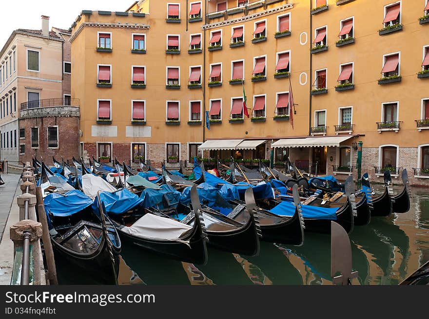 Lots of gondolas moored at the canal in Venice, Italy. Lots of gondolas moored at the canal in Venice, Italy