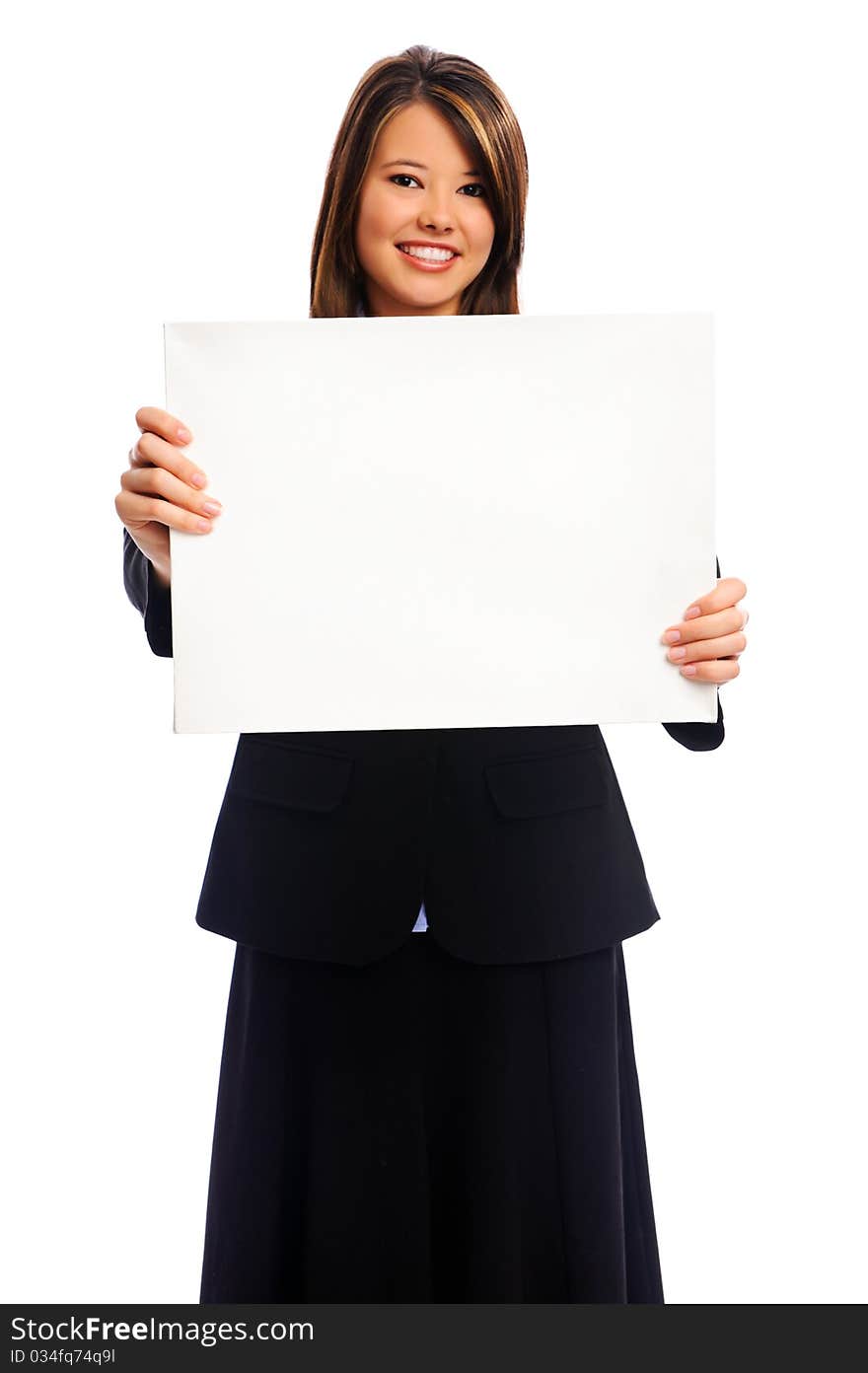 Businesswoman holding a white board