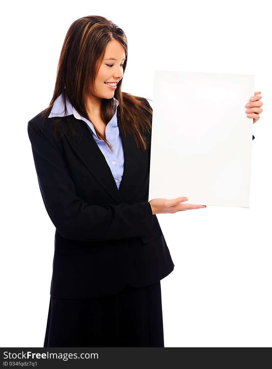 Businesswoman holding a white board