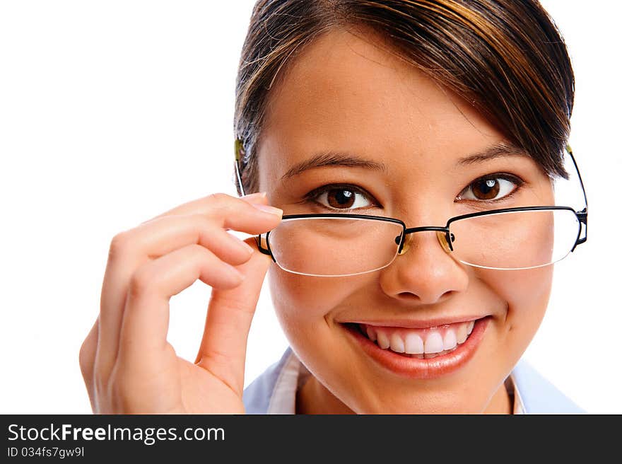 Close up portrait of a model holding on to glasses, isolated on white. Close up portrait of a model holding on to glasses, isolated on white