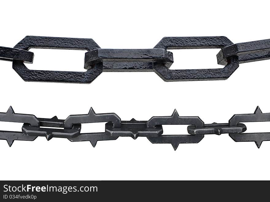 Collection of metal chain parts on white background.