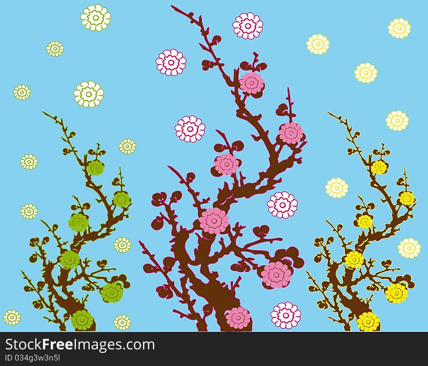 Abstract flower spring illustration  landscape flower blue sky clouds