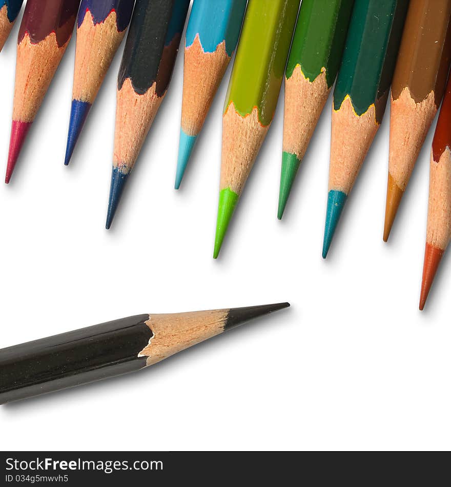 A Black color pencil and cool tone color pencil with shadow on white background