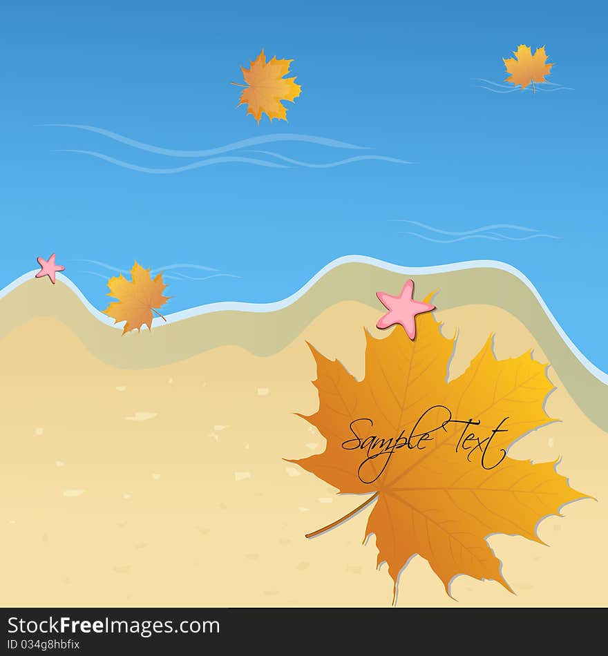 Illustration of autumn card with water and leaf