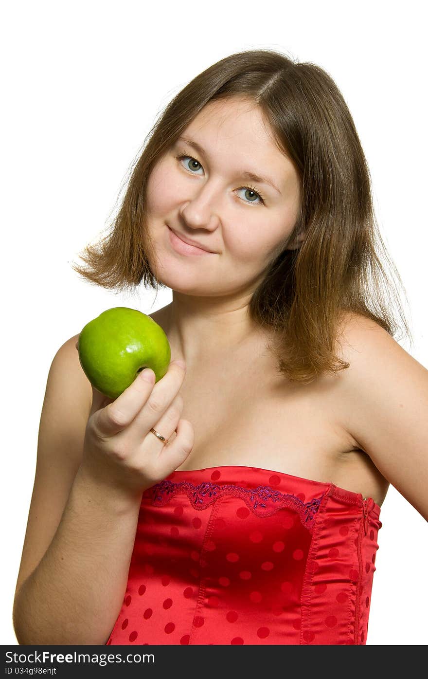 Portarit adorable young woman with green apple over white. Portarit adorable young woman with green apple over white