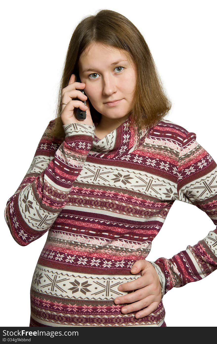 Pregnant woman is calling over white background. Pregnant woman is calling over white background