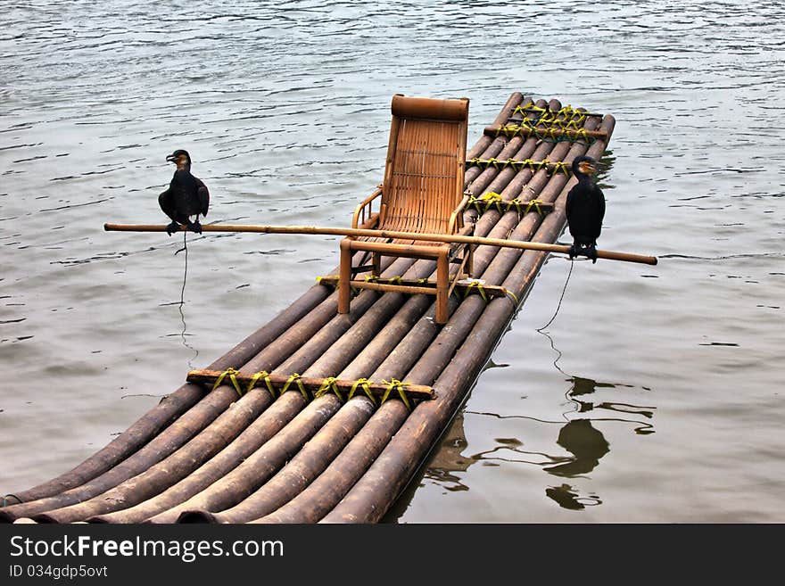 Two cormorants on the bamboo raft. Two cormorants on the bamboo raft