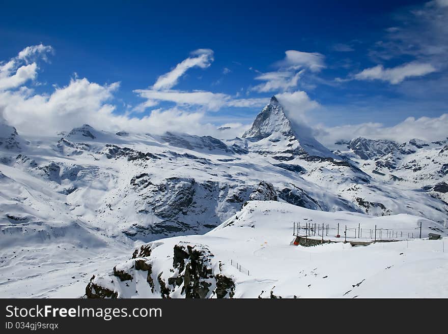 Matterhorn in swiss alps with clouds view from gornergrat. Matterhorn in swiss alps with clouds view from gornergrat