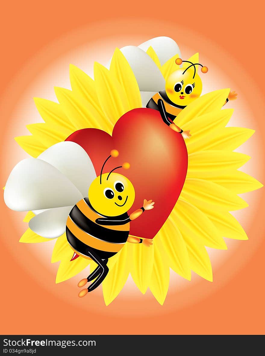 A composition for Valentine with two flirting honey bees, hearts and flowers. A composition for Valentine with two flirting honey bees, hearts and flowers