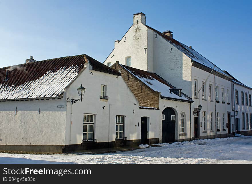 Old white historic houses in the city Thorn in Limburg in the Netherlands