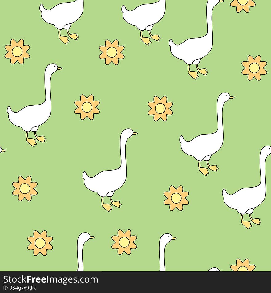 Cute seamless with gooses and flowers