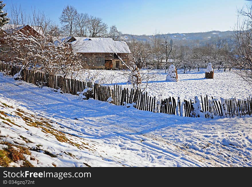 Rustic house in transylvania in winter time