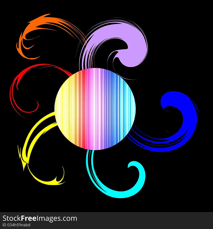 A black background with a multicolored lines circle and big assorted swirls. A black background with a multicolored lines circle and big assorted swirls