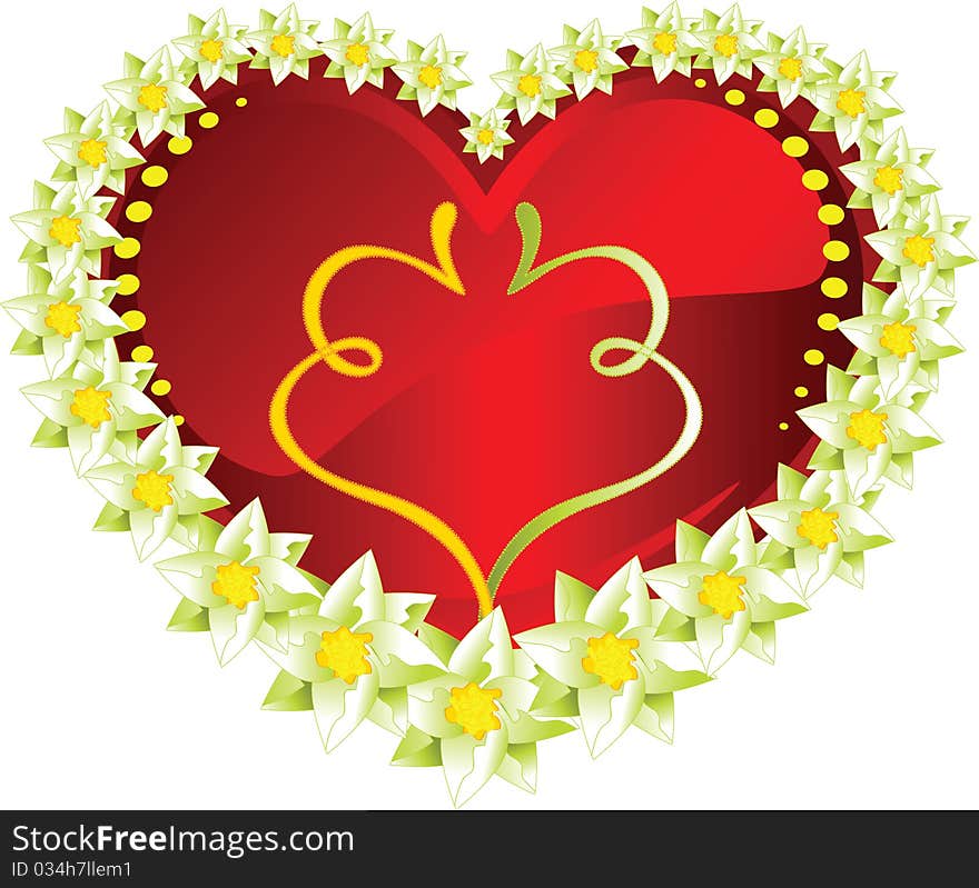 Flowers round red heart. Beautiful celebratory heart for the enamoured. Flowers round red heart. Beautiful celebratory heart for the enamoured