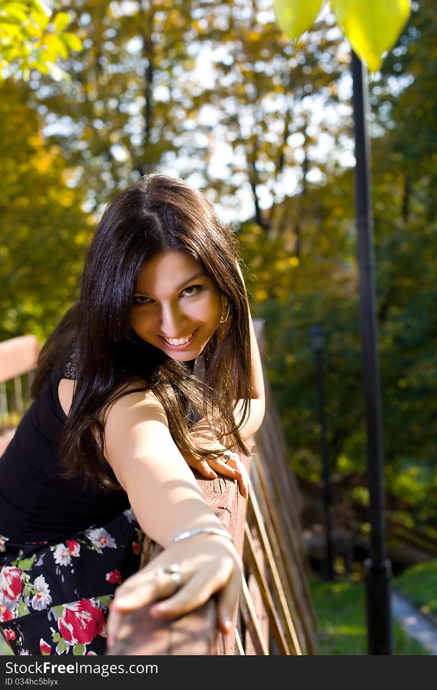 Beauty woman in autumn park stand on bridge. Beauty woman in autumn park stand on bridge