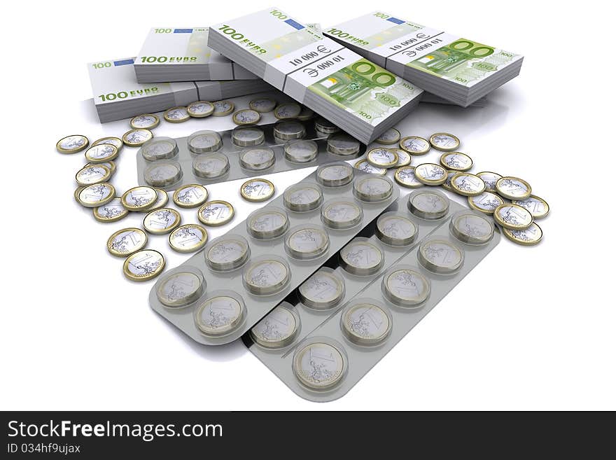 Pack of tablets with the coins in euro