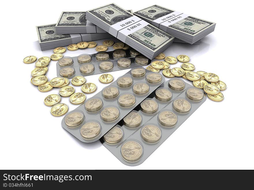 Pack of tablets with the coins in dollars