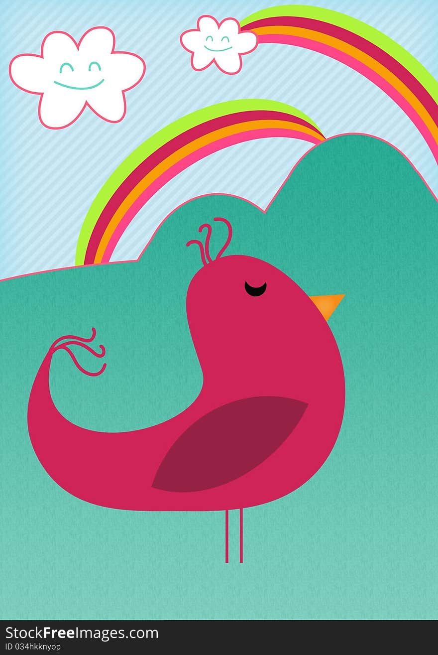 Pink cartoon bird in landscape setting with textured background, smiley clouds and rainbows. Pink cartoon bird in landscape setting with textured background, smiley clouds and rainbows