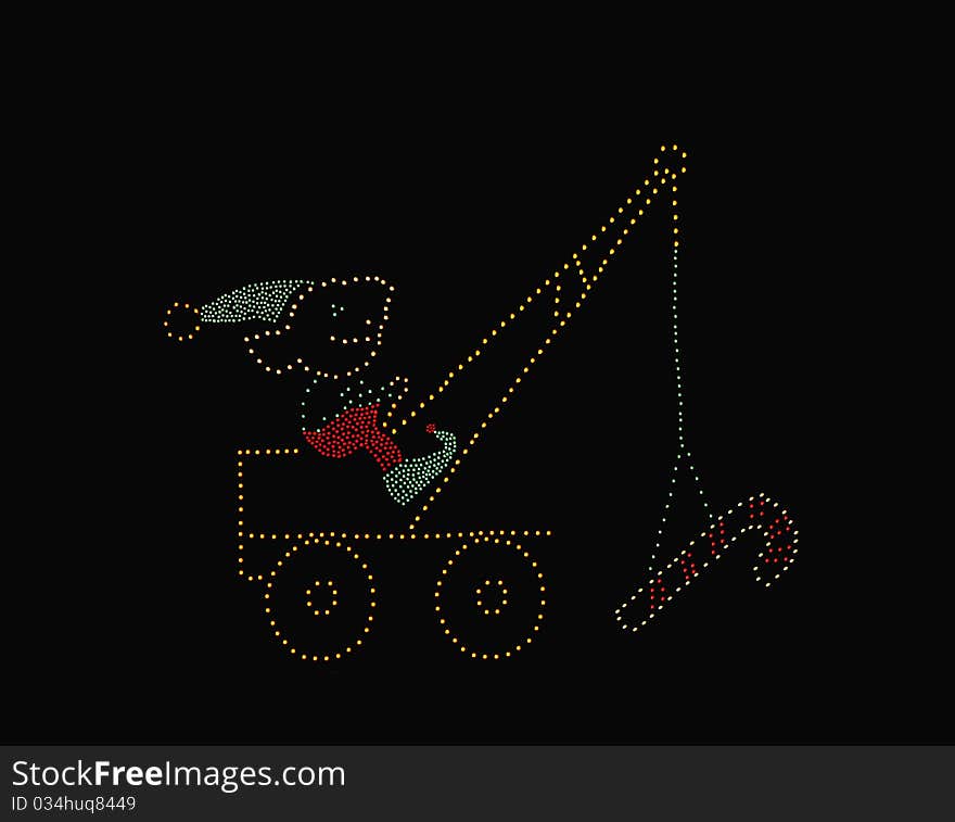 Lighted elf on construction vehicle lifting a candy cane