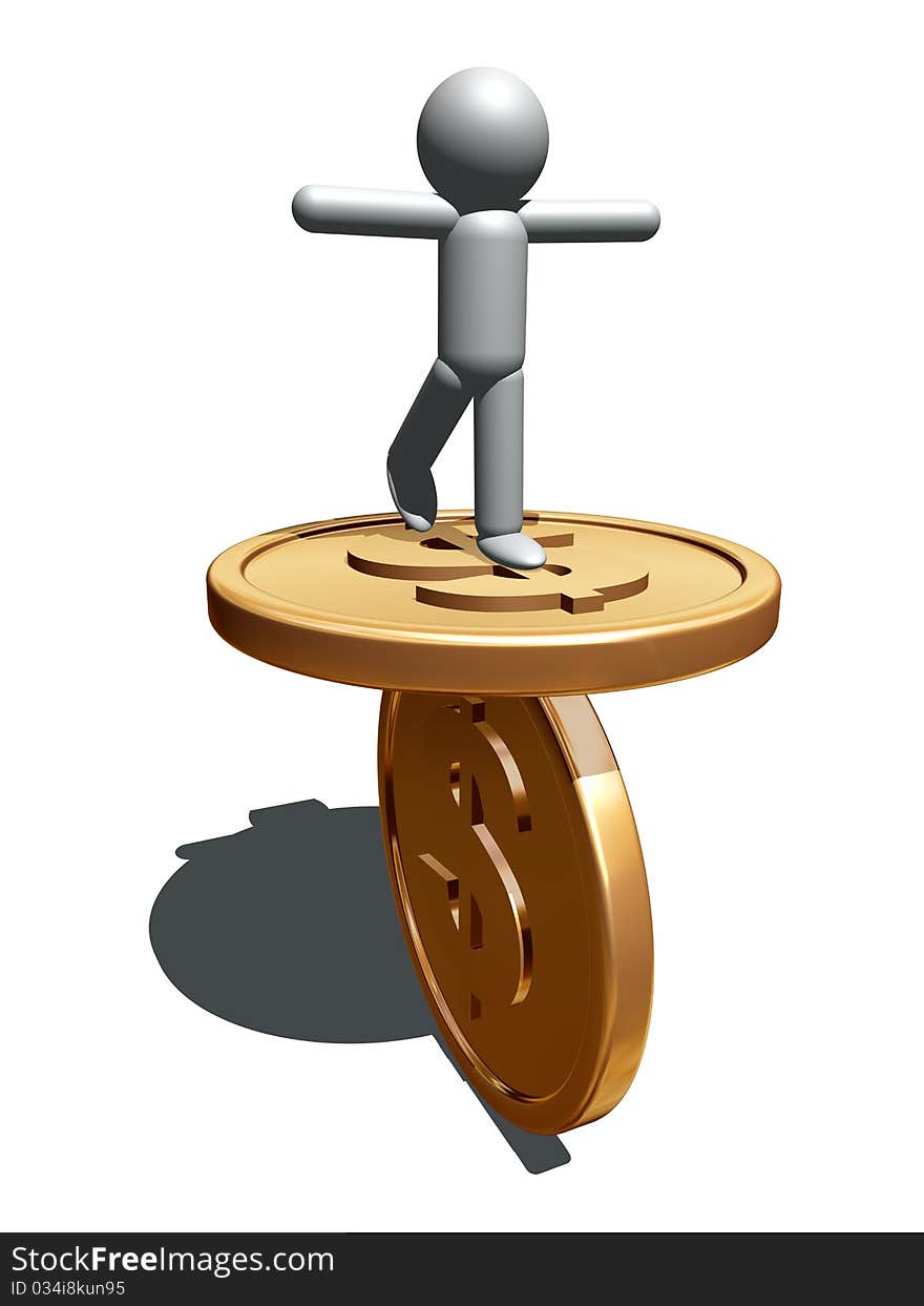 3d illustration of man figure balancing on gold coins. 3d illustration of man figure balancing on gold coins