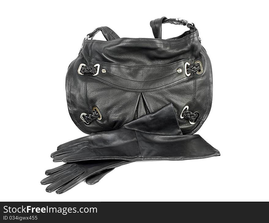 Black Leather Handbag And Pair Of Gloves