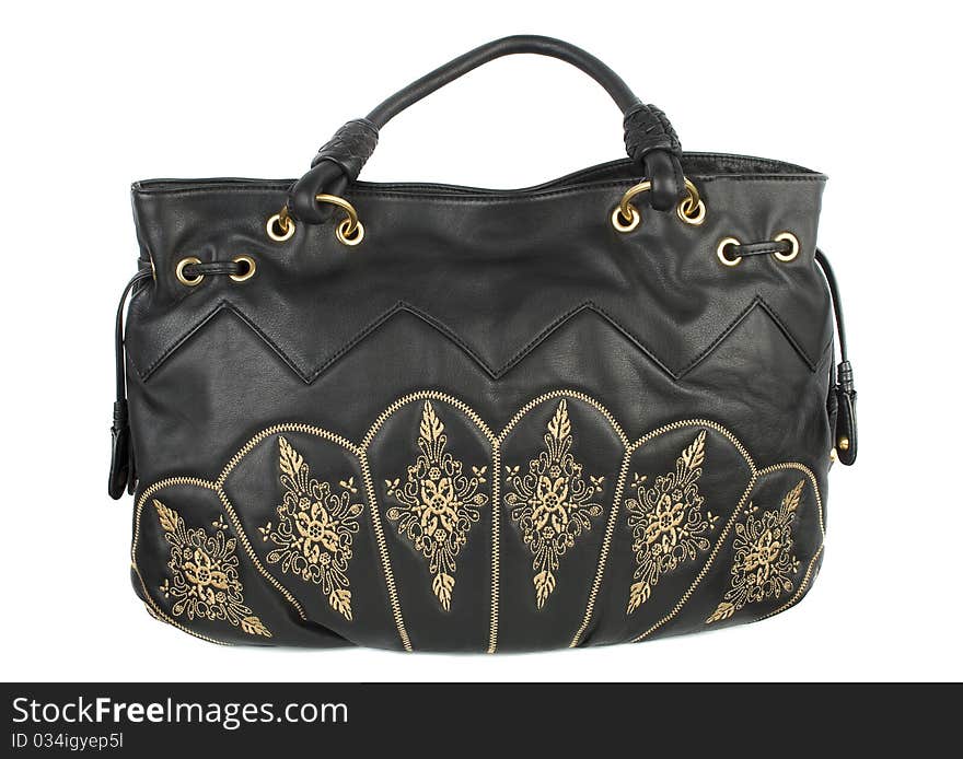 Black leather handbag isolated on the white background.