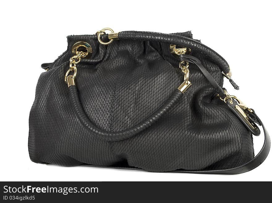 Black leather handbag isolated on the white background.