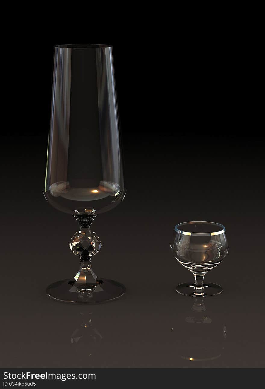 Two glasses on a black reflective background. Two glasses on a black reflective background