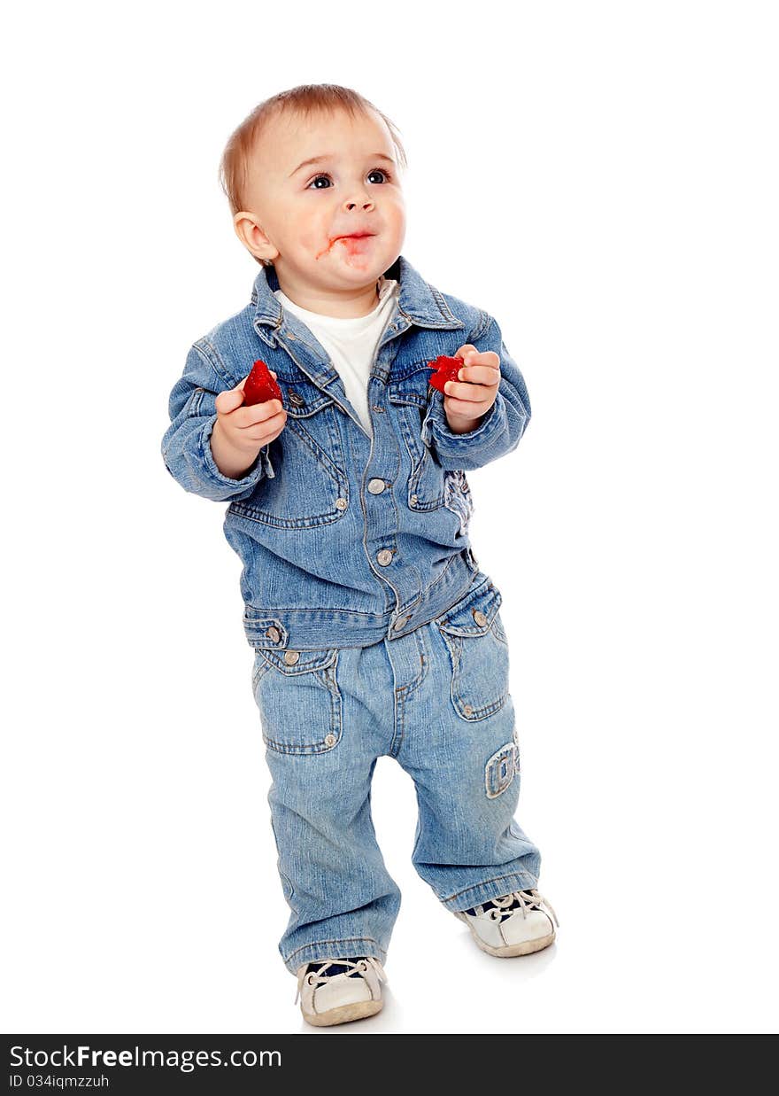 Boy with strawberry. Isolated on white background