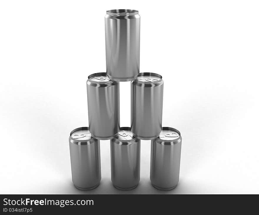 Six empty cans on a white background