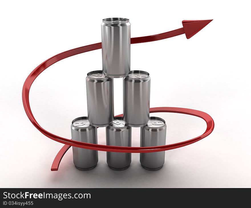 Six cans of beer with a curve with a red arrow on white background