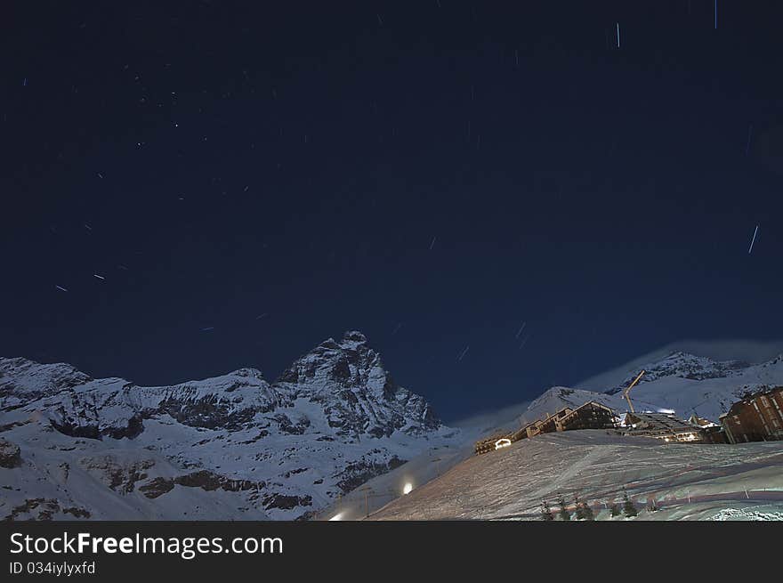 Cervino mountain on the night, with stars movement. Cervino mountain on the night, with stars movement