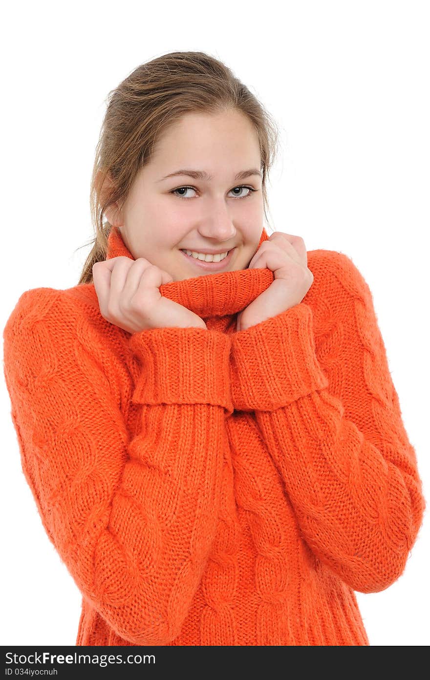 Winter young woman separately on a white background