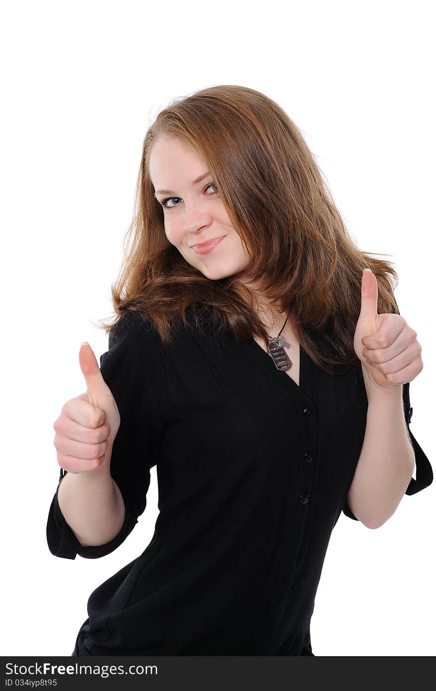 Cute girl giving OK sign isolated over white background