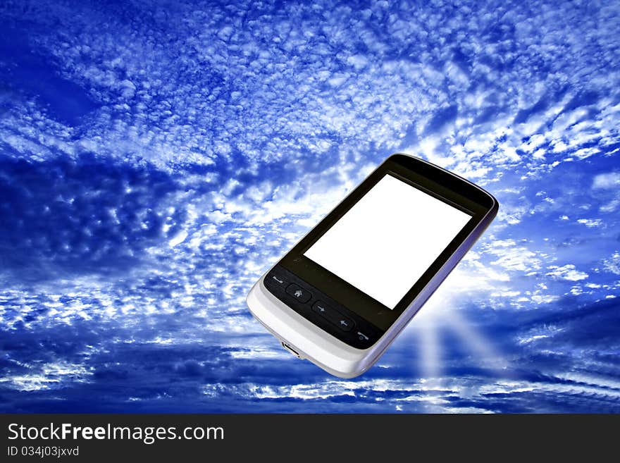 Modern cell phone with white screen floating in bright blue sky