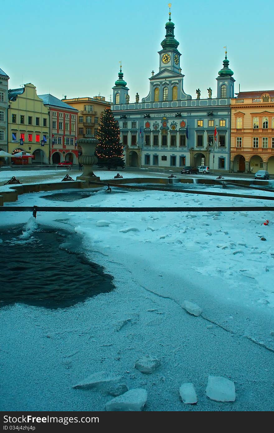 Budweis fountain on winter time