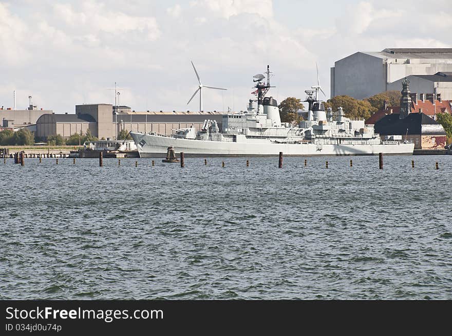 Military ship standing in port of Copenhagen, Denmark