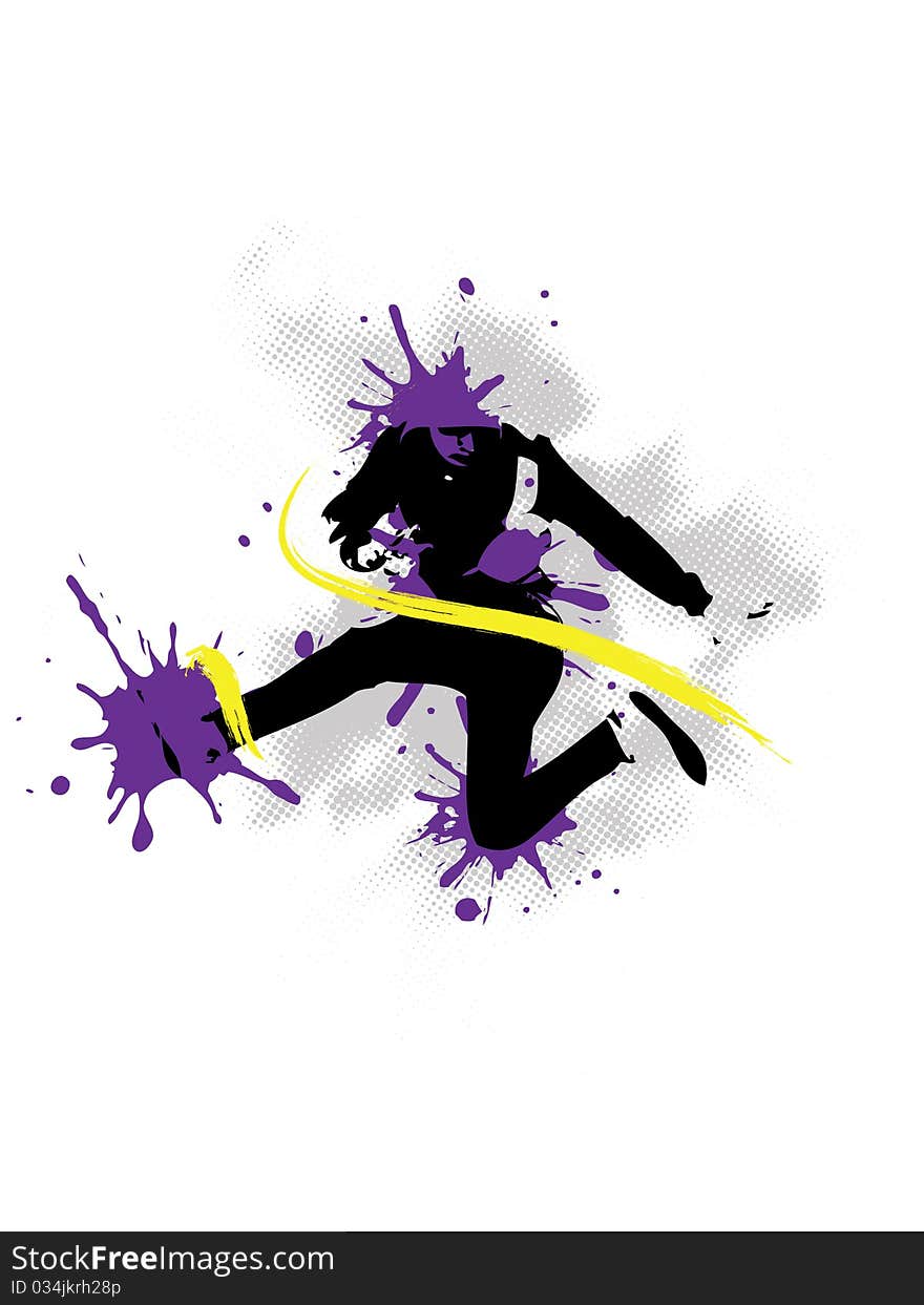 Jumping man on dotted background with purple splashes